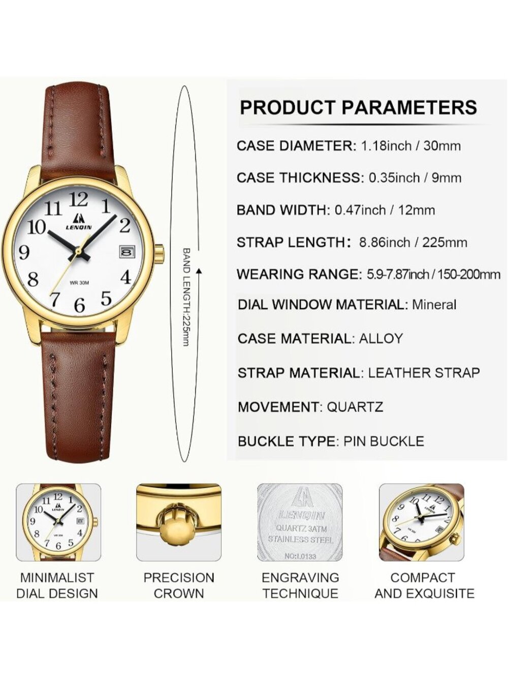 Women's Dark Brown Gold White Analog Waterproof Easy Reader Leather Strap Watch - Picture 4 of 6